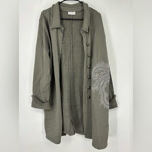 NWOT Soft Surroundings Olive Green Long-Line Embroidered Coat XL
